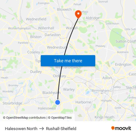 Halesowen North to Rushall-Shelfield map