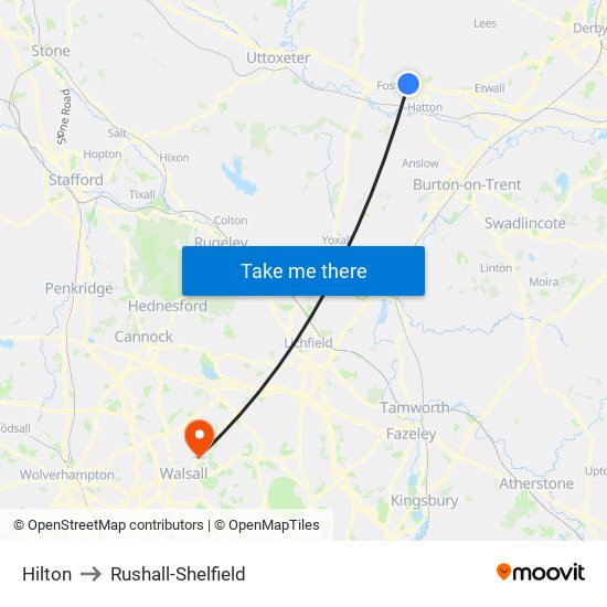 Hilton to Rushall-Shelfield map