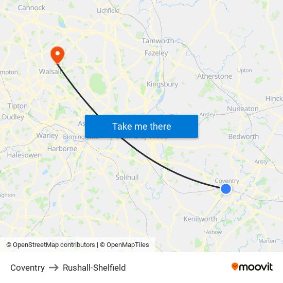 Coventry to Rushall-Shelfield map