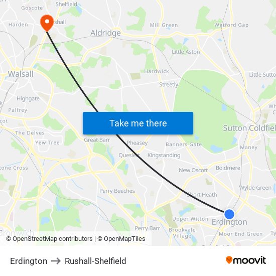 Erdington to Rushall-Shelfield map