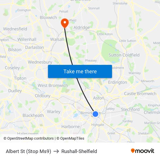 Albert St (Stop Ms9) to Rushall-Shelfield map