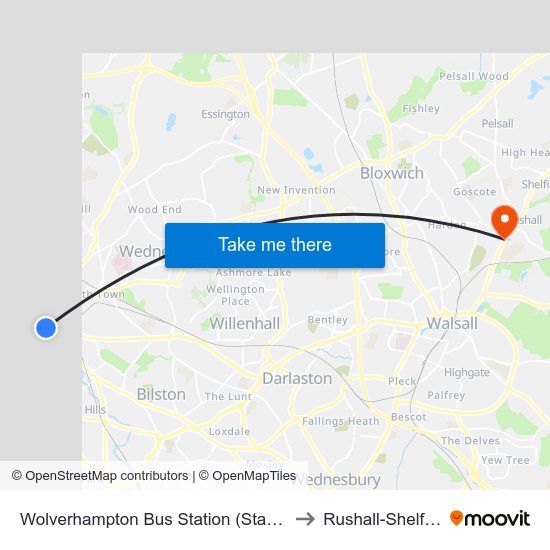 Wolverhampton Bus Station (Stand D) to Rushall-Shelfield map