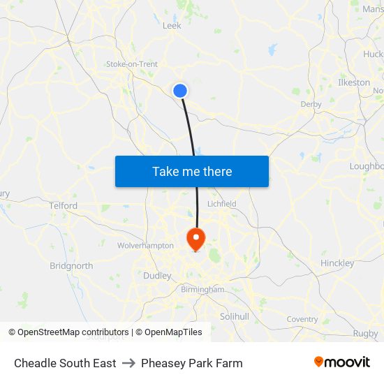 Cheadle South East to Pheasey Park Farm map