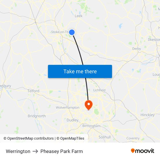 Werrington to Pheasey Park Farm map