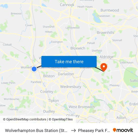 Wolverhampton Bus Station (Stand L) to Pheasey Park Farm map