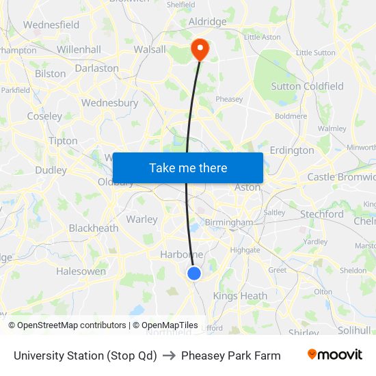 University Station (Stop Qd) to Pheasey Park Farm map