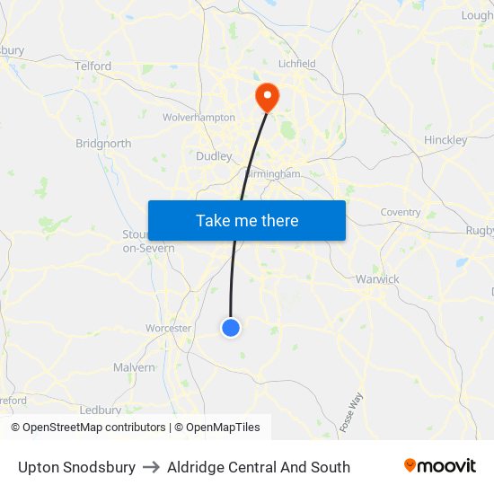 Upton Snodsbury to Aldridge Central And South map