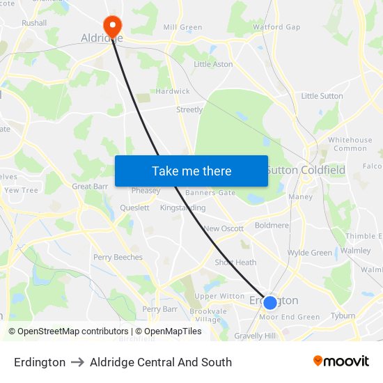 Erdington to Aldridge Central And South map