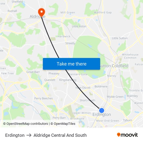 Erdington to Aldridge Central And South map