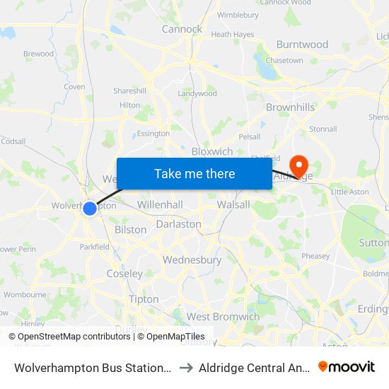 Wolverhampton Bus Station (Stand D) to Aldridge Central And South map