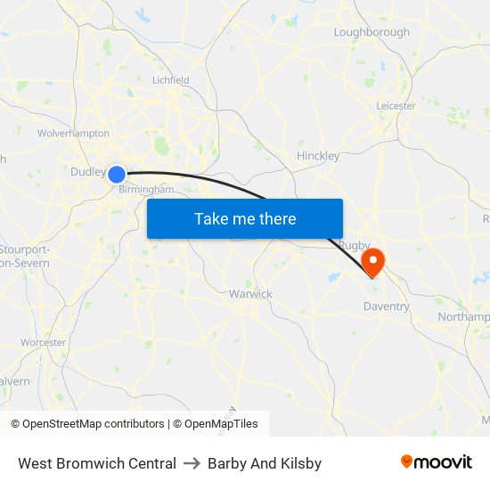 West Bromwich Central to Barby And Kilsby map