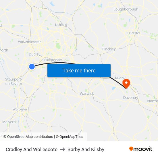 Cradley And Wollescote to Barby And Kilsby map