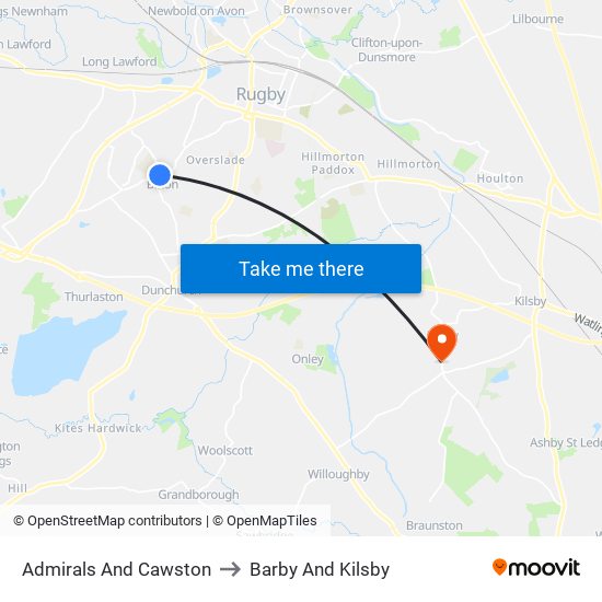 Admirals And Cawston to Barby And Kilsby map