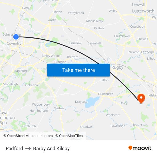 Radford to Barby And Kilsby map