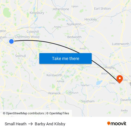 Small Heath to Barby And Kilsby map