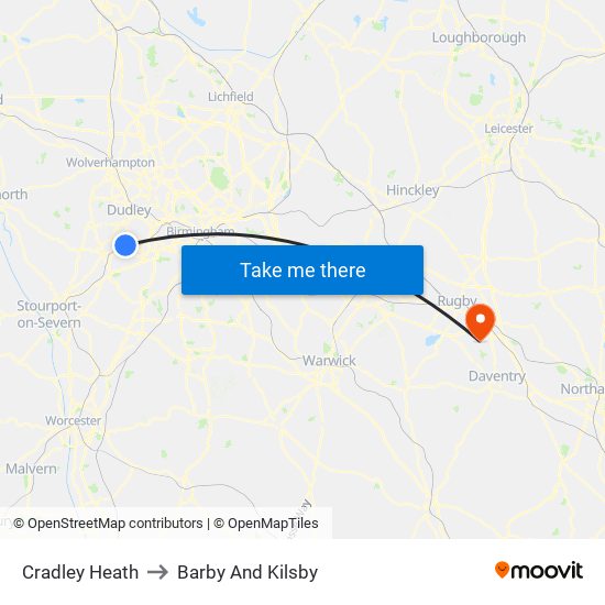 Cradley Heath to Barby And Kilsby map