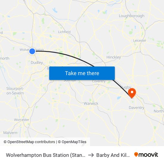 Wolverhampton Bus Station (Stand Q) to Barby And Kilsby map