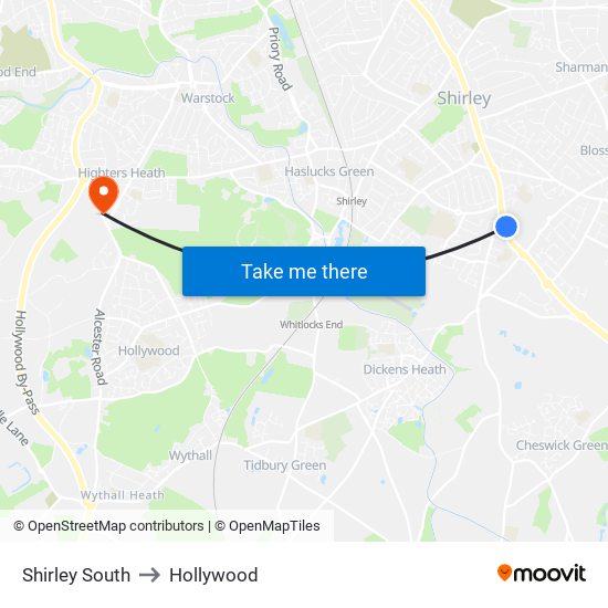 Shirley South to Hollywood map