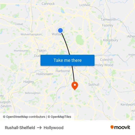 Rushall-Shelfield to Hollywood map