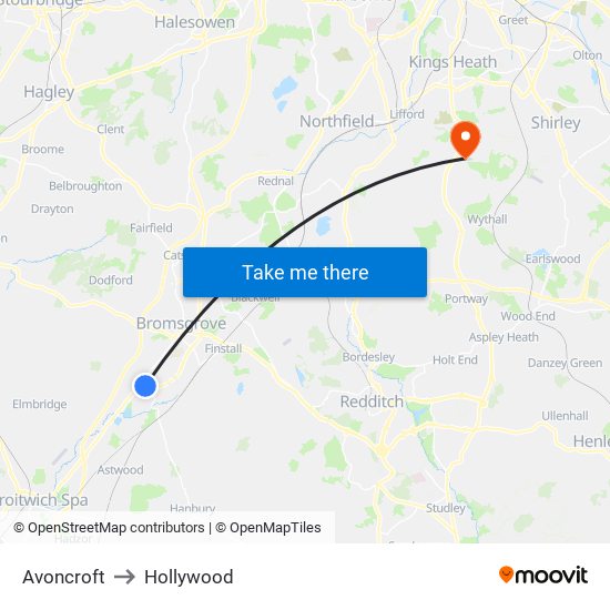 Avoncroft to Hollywood map