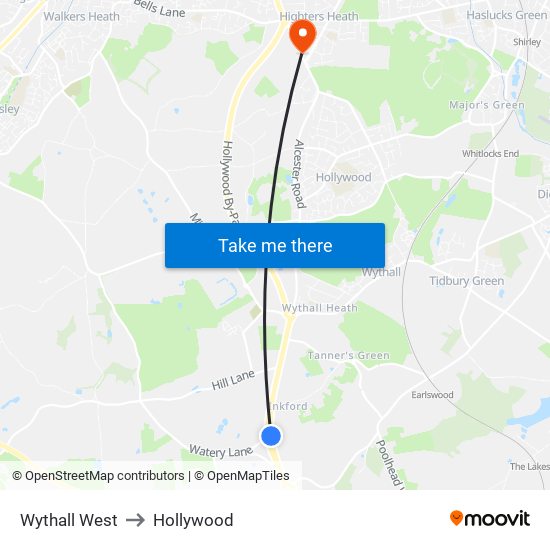 Wythall West to Hollywood map