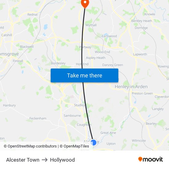 Alcester Town to Hollywood map