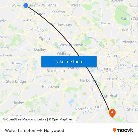 Wolverhampton to Hollywood map