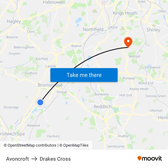 Avoncroft to Drakes Cross map