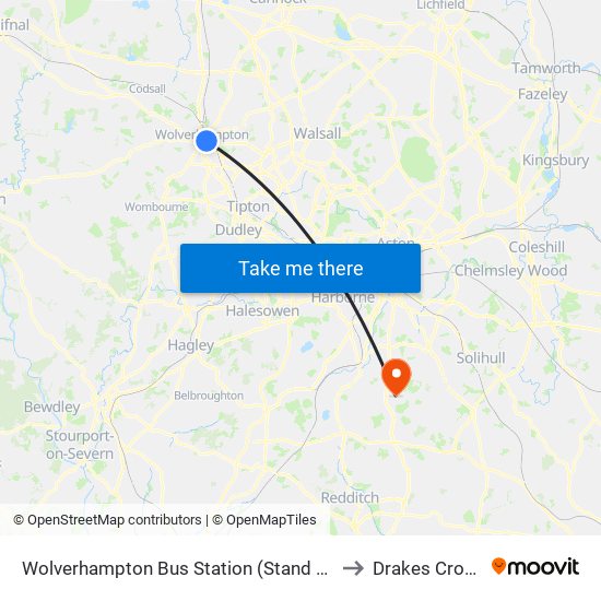 Wolverhampton Bus Station (Stand Q) to Drakes Cross map