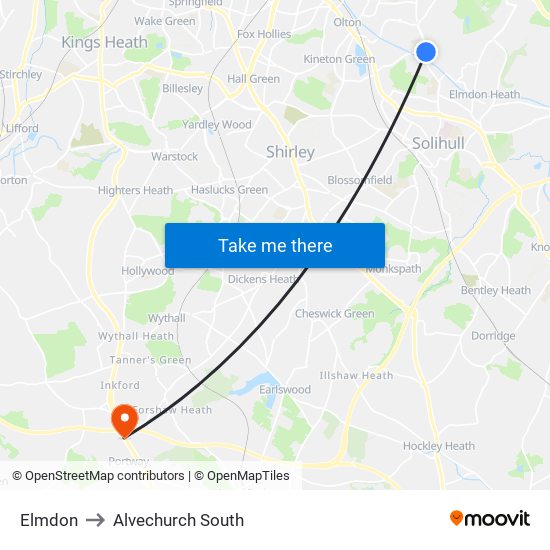 Elmdon to Alvechurch South map