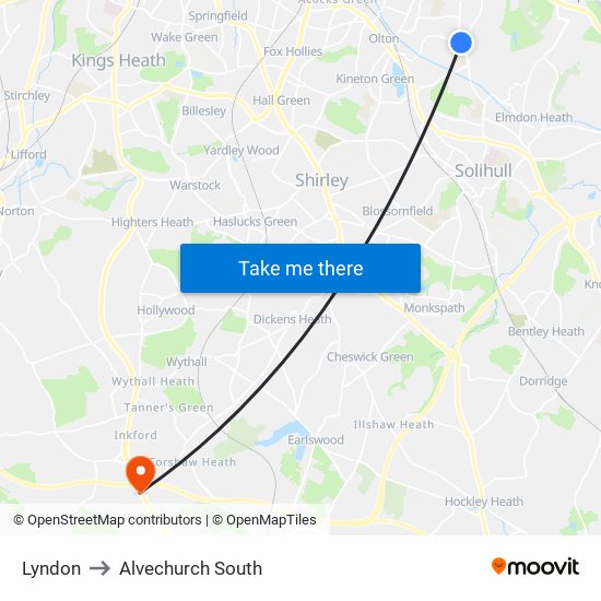 Lyndon to Alvechurch South map