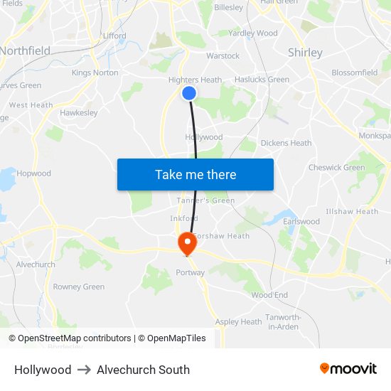 Hollywood to Alvechurch South map