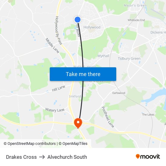 Drakes Cross to Alvechurch South map