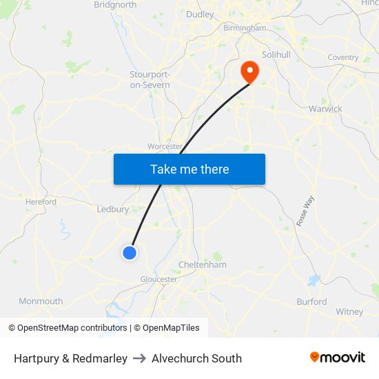 Hartpury & Redmarley to Alvechurch South map