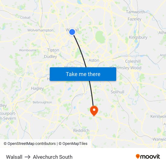 Walsall to Alvechurch South map