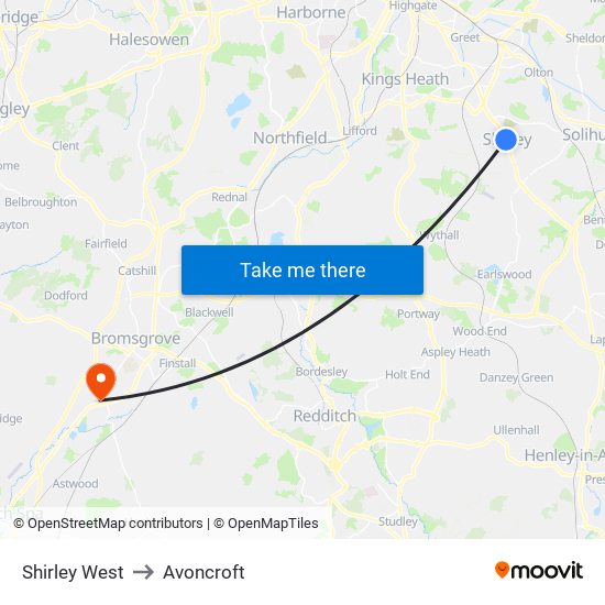 Shirley West to Avoncroft map