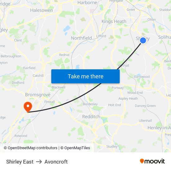 Shirley East to Avoncroft map