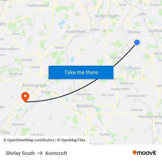 Shirley South to Avoncroft map