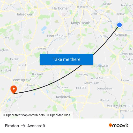 Elmdon to Avoncroft map