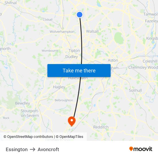 Essington to Avoncroft map