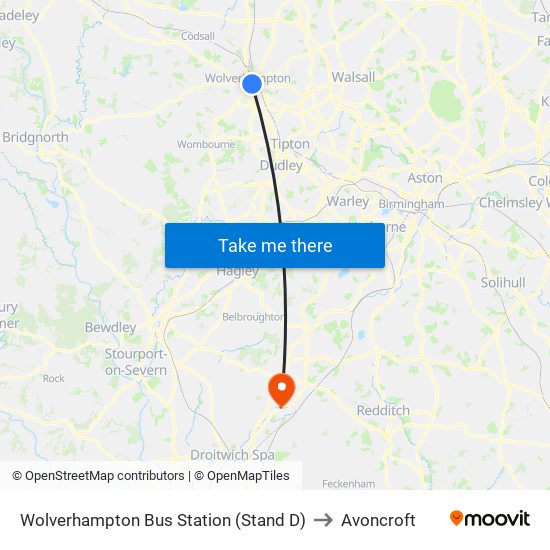 Wolverhampton Bus Station (Stand D) to Avoncroft map