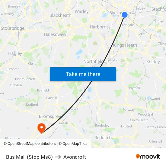 Bus Mall to Avoncroft map