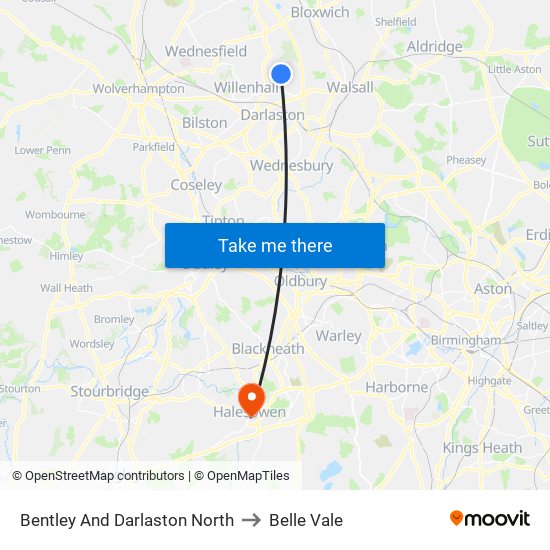 Bentley And Darlaston North to Belle Vale map