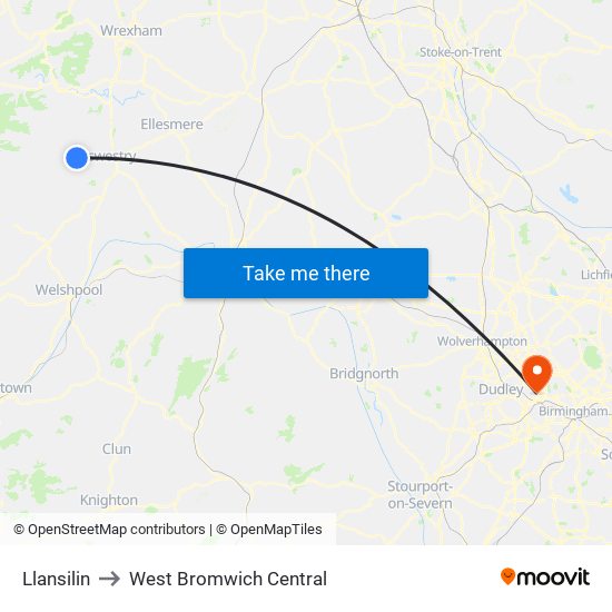 Llansilin to West Bromwich Central map