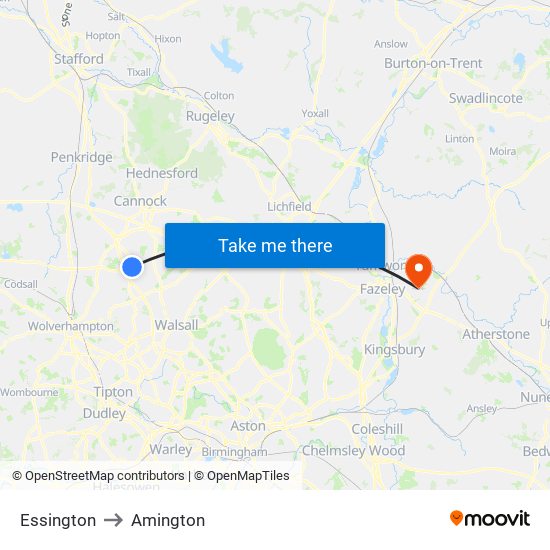 Essington to Amington map