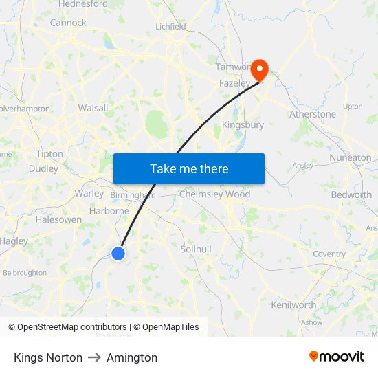 Kings Norton to Amington map