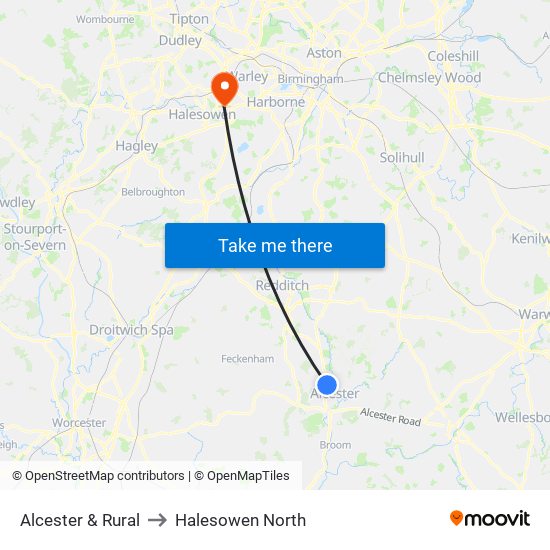 Alcester & Rural to Halesowen North map