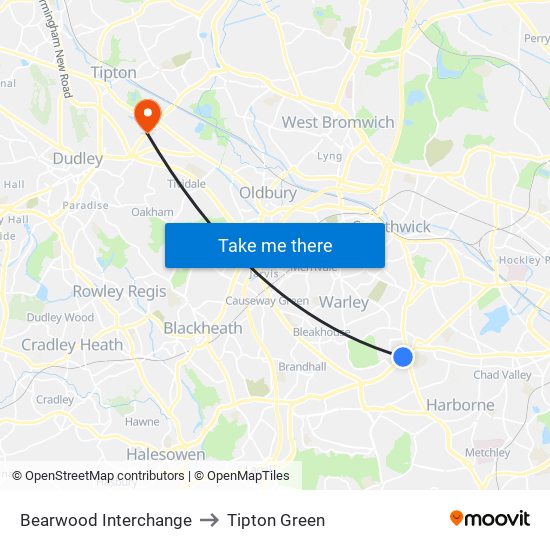 Bearwood Interchange to Tipton Green map