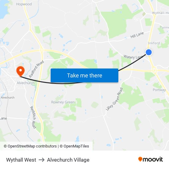 Wythall West to Alvechurch Village map