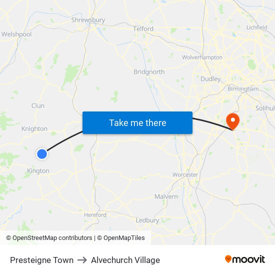 Presteigne Town to Alvechurch Village map